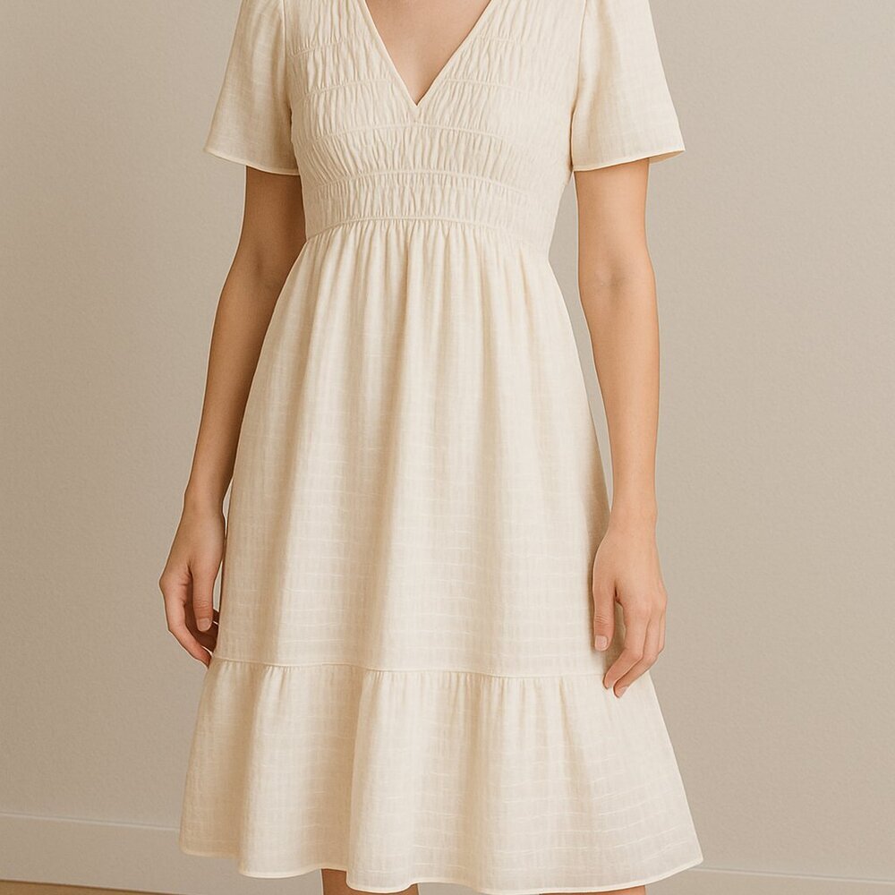 Smocked Off White Short Sleeve Midi Summer Dress‎ Size Medium